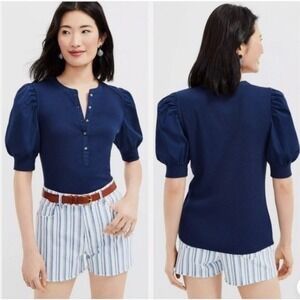 Ann‎ Taylor LOFT Poplin Puff Sleeve Ribbed Knit Henley Shirt Black Size Medium